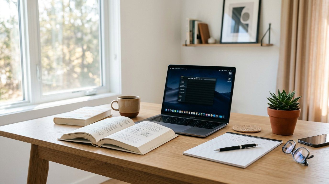 A tidy desk with an open book, laptop, coffee mug, and notepad representing an Atomic Habits book summary reading setup.