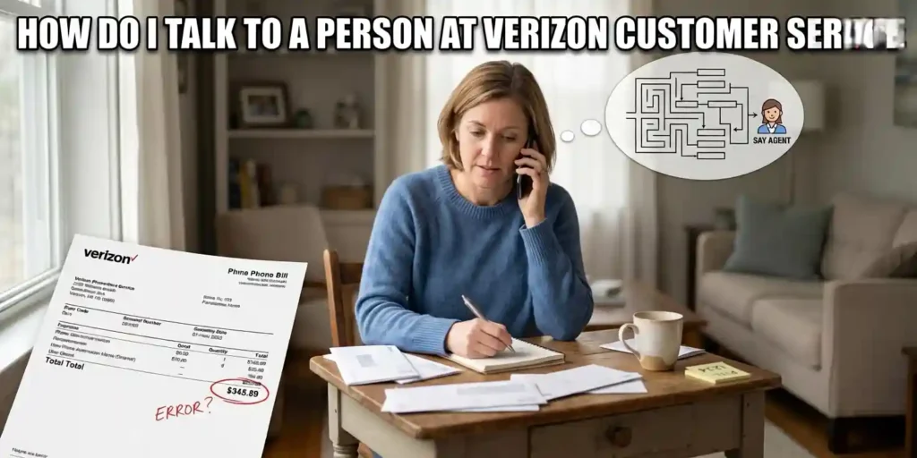 Woman looking at a high bill while calling to find out how do i talk to a person at verizon customer service.