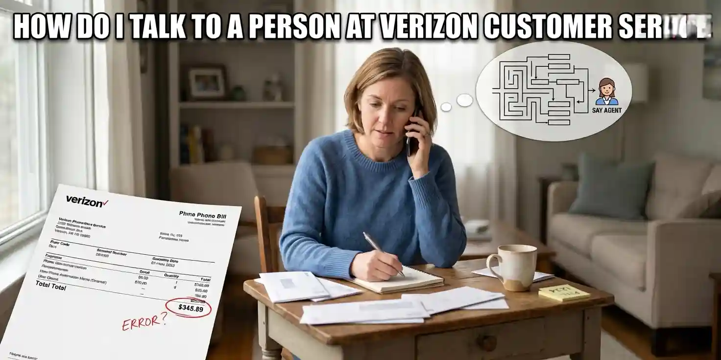 Woman looking at a high bill while calling to find out how do i talk to a person at verizon customer service.