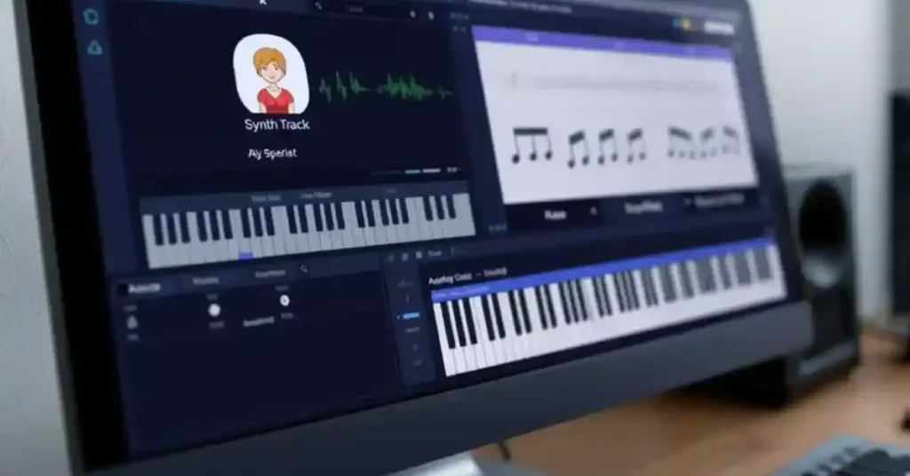 Synthesizer V software on a computer screen showing vocal tracks, piano keys, and music notes for creating AI speech.