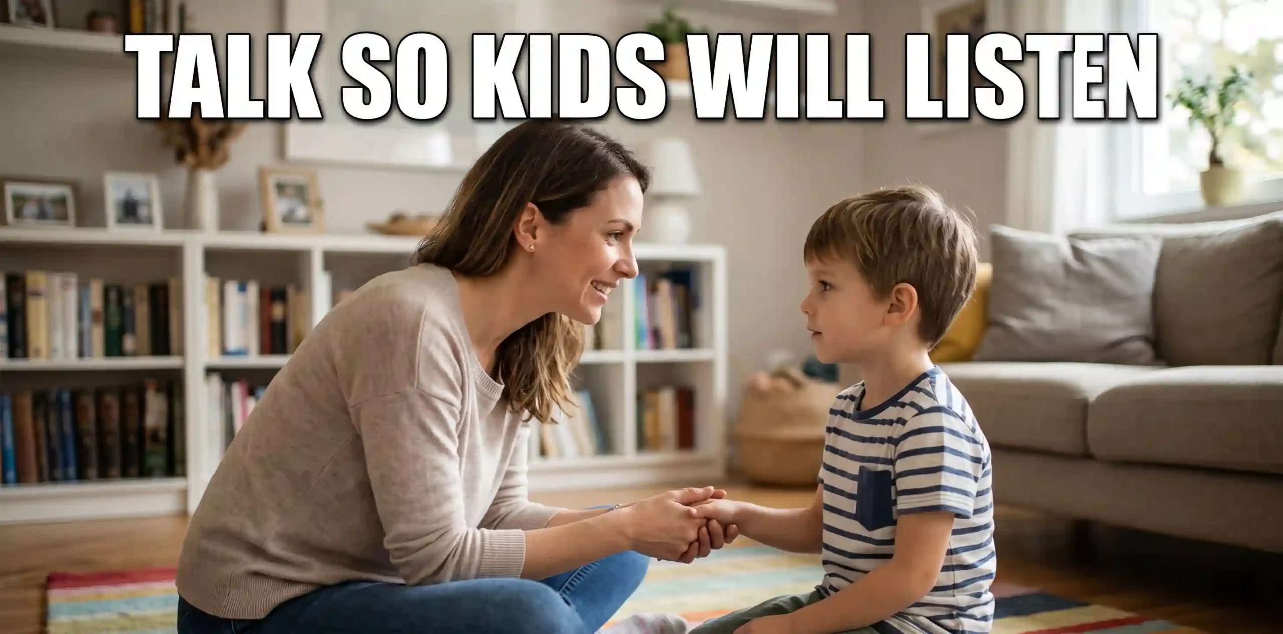 A mother gently holding her young son's hands in a cozy living room, demonstrating how to talk so kids will listen.