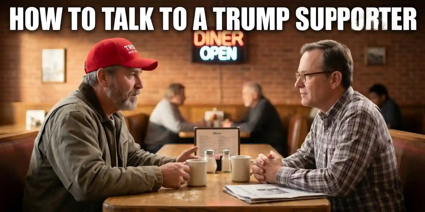 Two men having a calm coffee chat at a diner, showing how to talk to a Trump supporter peacefully.