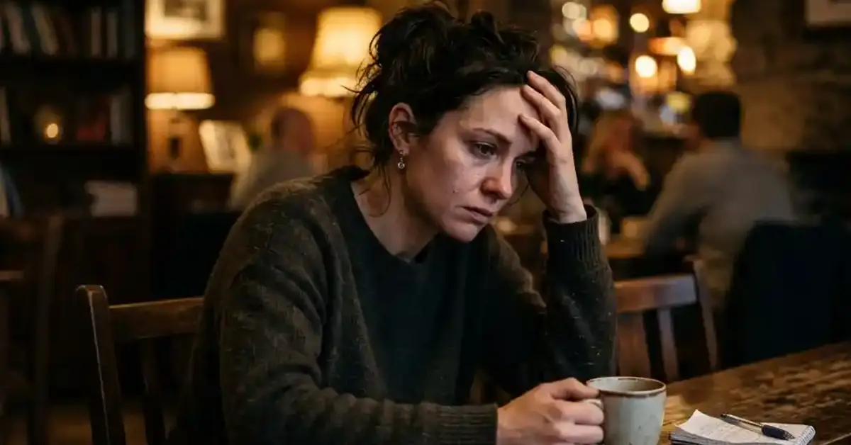 A worried woman sitting alone in a dim café holding a coffee cup and looking stressed while thinking about how to talk to someone.