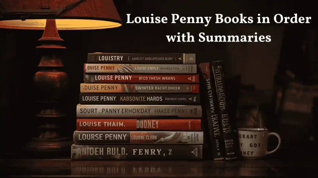 Stack of books under a lamp for Louise Penny Books in Order with Summaries