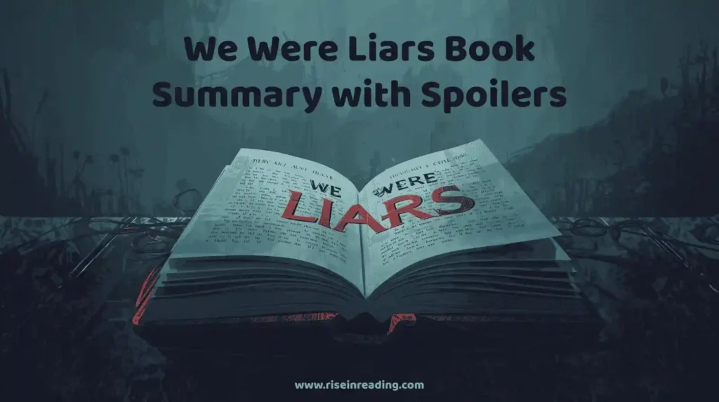 We Were Liars Book Summary graphic with open book and dark mystery background