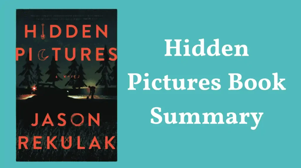 Hidden Pictures book cover beside hidden pictures book summary text on teal background