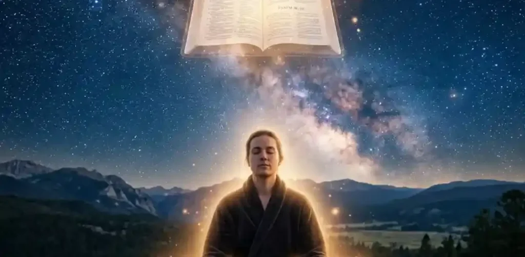 A person meditating on a mountain under a starry night sky with an open Bible glowing above them.