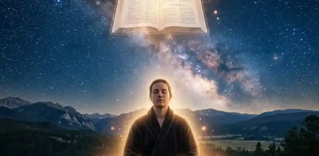 A person meditating on a mountain under a starry night sky with an open Bible glowing above them.