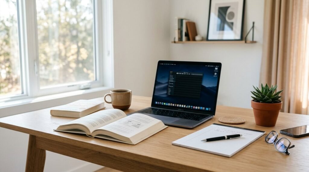 A tidy desk with an open book, laptop, coffee mug, and notepad representing an Atomic Habits book summary reading setup.